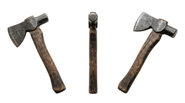 Set of 3 multi-angle views of antique weeding mattock hoe digging soil farming hand tools asset, transparent background, PNG