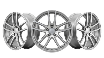 Set of 3 multi-angle views of silver alloy car rims sport vehicle wheels automotive design...