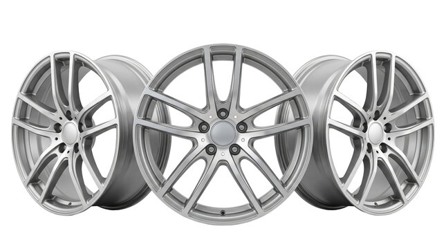 Set of 3 multi-angle views of silver alloy car rims sport vehicle wheels automotive design components, transparent background, PNG