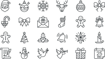 Christmas line icon set with santa claus snowman reindeer and snowflakes On White Background © Peru