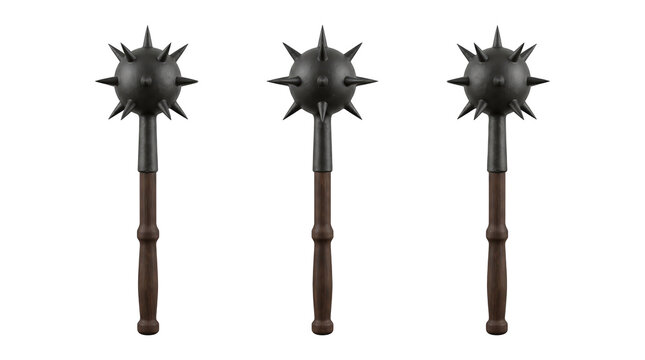 Set of 3 multi-angle variations of medieval morningstar mace spiked iron weapon historical warfare element, transparent background, PNG