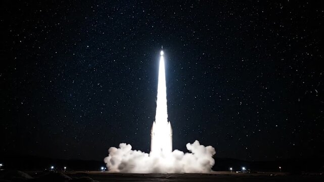 Rocket launches into the night sky with a bright flame trail and smoke billowing from its base against a starry background.