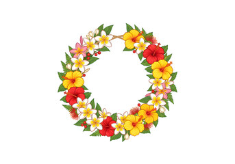 Hawaiian flower lei wreath red yellow white png on transparent background © ABDERRAHMANEHOUSSAM
