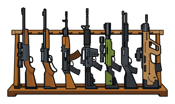Firearms, rifles, and shotguns line a gun rack, illustratinga range of weapons for sport, defense, or military use