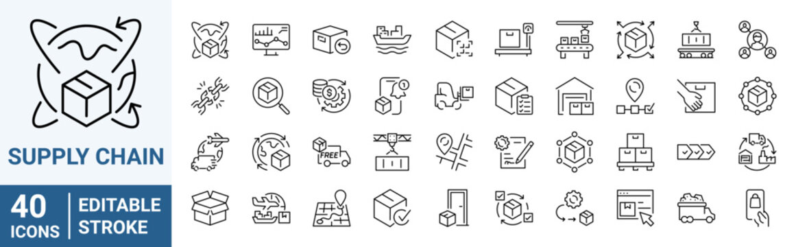 Supply chain line web icons. Value chain, logistic, delivery, manufacturing, commerce. Outline icon collection. Vector illustration. Editable stroke