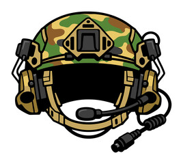 Obraz premium Camouflaged tactical ballistic helmet paired with a communication headset and microphone, poised for action