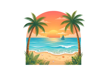 Obraz premium Tropical beach sunset with palm trees and sailboat orange and blue png on transparent background