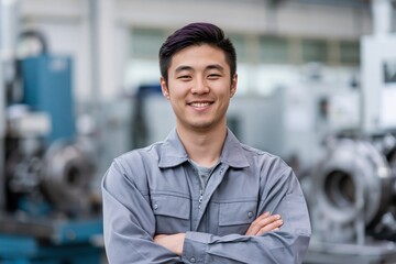 Obraz premium Smiling young male factory worker portrait in gray workwear with crossed arms in a manufacturing workshop for corporate brochure banner and team profile