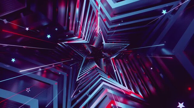 4k seamless VJ loop of a futuristic star-shaped tunnel. Abstract digital vortex with rhythmic motion and geometric elements, for electronic music festivals, high-tech club visuals, stage screens.