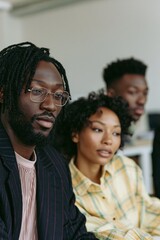 Obraz premium Three young professionals in office meeting group portrait with attentive expressions for collaborative team banner and business website