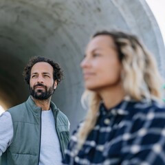 Fototapeta premium Outdoor portrait of a man with blurred woman in the foreground by a concrete tunnel for lifestyle background and editorial layout