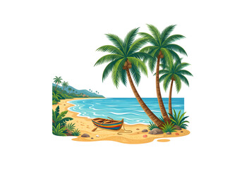 Obraz premium Tropical beach palm trees blue ocean sand boat png on transparent background