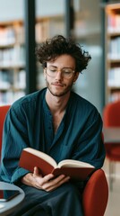 Obraz premium Young man reading a book in a library red chair for lifestyle background and study or relaxation scene