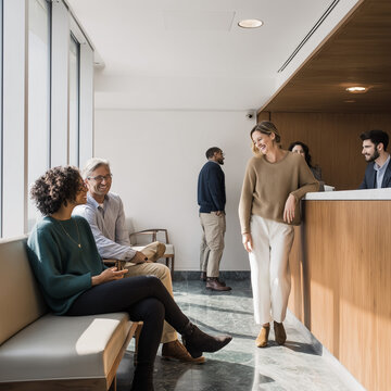 Menschen im modernen Wartezimmer einer Praxis oder Beh&ouml;rde. Authentisches Motiv f&uuml;r Gesundheitswesen, Verwaltung, Wartezeiten, Patienten, Service und Kundenbetreuung.
