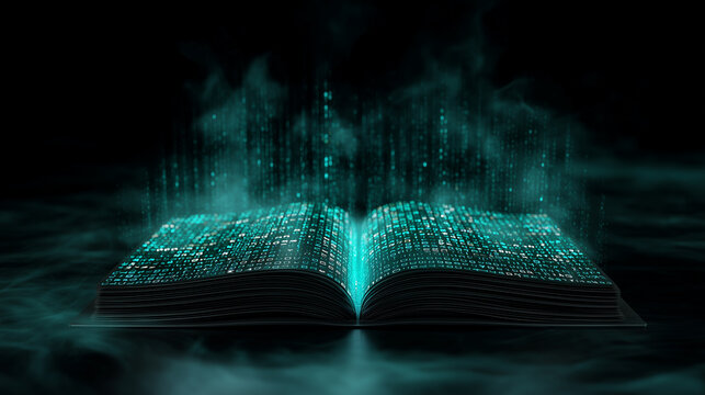 An open ancient yet futuristic digital book emitting a powerful neon cyan glow from the center crease. The pages are densely layered with glowing golden binary code, abstract cyber