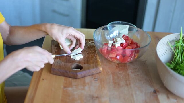 Woman slicing tofu beside bowl of tomatoes and herbs while preparing healthy Full HD meal video