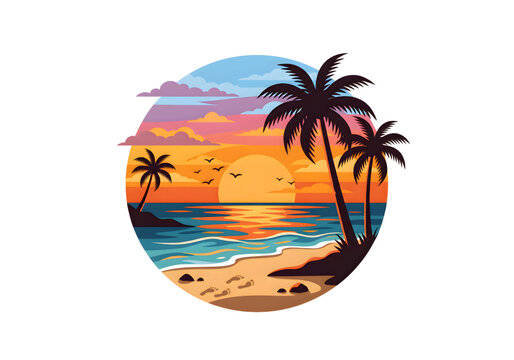 Tropical sunset beach palm trees orange sky png on transparent background