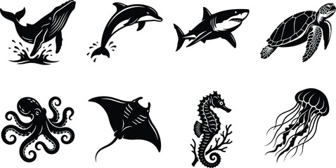 Collection of marine animal vector illustrations featuring humpback whale dolphin shark sea turtle octopus stingray seahorse and jellyfish silhouettes © MdShahedul