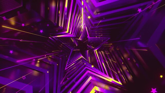 4k seamless VJ loop of a futuristic star-shaped tunnel. Abstract digital vortex with rhythmic motion and geometric elements, for electronic music festivals, high-tech club visuals, stage screens.