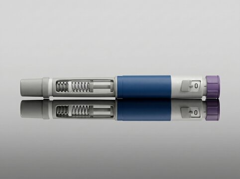 Medical autoinjector pen laying on reflective grey background