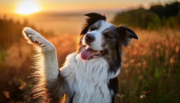 a relaxed border collie raises one paw with a joyful closed eye expression