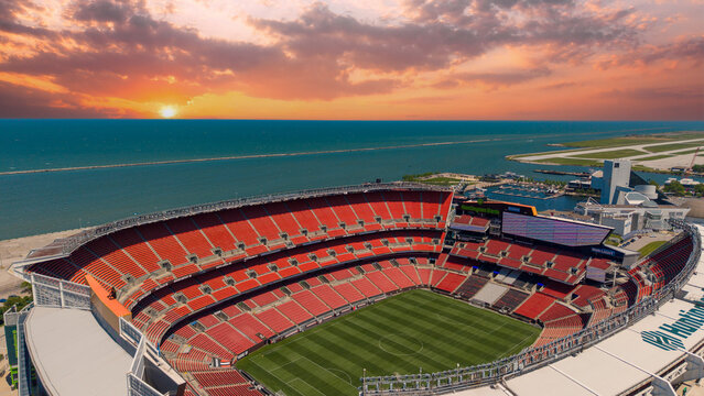 Aerial shot of Huntington Bank Field home of the Browns NFL Team in downtown Cleveland Ohio USA