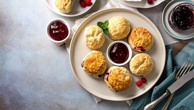 buttermilk southern biscuits or scones served with homemade fruit preserves top view