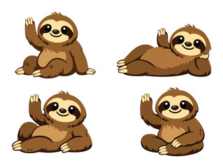 Fototapeta premium Cartoon sloth characters wave, smile, and relax in various poses, acting as mascots for tropical wildlife themes
