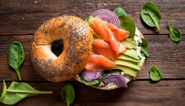 lox everything bagel with smoked salmon spinach red onions avocado and cream cheese over a rustic wood table background image shot from top view or flat lay position
