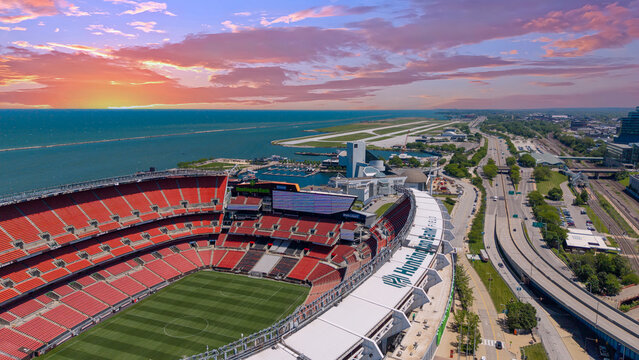 Aerial shot of Huntington Bank Field home of the Browns NFL Team in downtown Cleveland Ohio USA