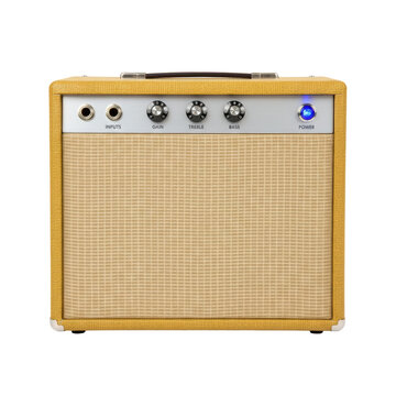 Vintage electric guitar amplifier with textured golden tweed casing, chrome corners, and blue power light on a transparent background, professional studio concept