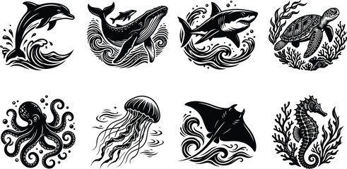 Marine life and sea creatures silhouette vector illustration set featuring dolphin whale shark turtle octopus jellyfish ray and seahorse © MdShahedul