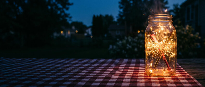 Sparklers burning inside a glass jar on a checkered picnic table at night. Festive Independence Day celebration concept. American Fourth of July party background with copy space.