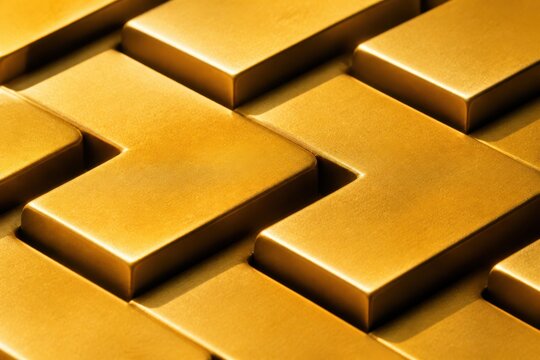 Abstract gold geometric blocks pattern with metallic 3D shapes and copy space