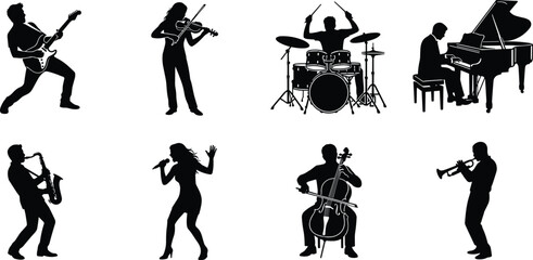 Musician silhouettes set featuring a live band with a guitarist, violinist, drummer, pianist, saxophonist, singer, cellist, and trumpeter on white background © MdShahedul