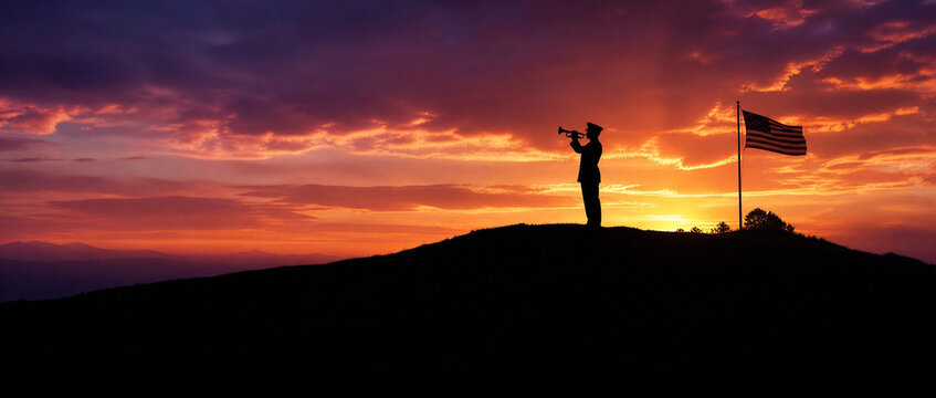 Silhouette of soldier playing bugle near American flag on hill during sunset. Patriotic memorial scene for Independence Day. Tribute to military service and national holiday pride.