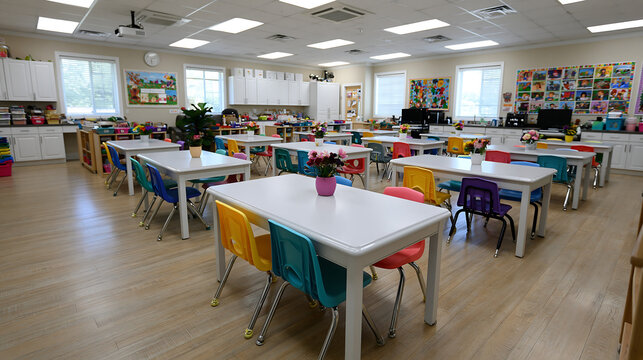 bright empty primary school classroom with colorful chairs and white tables representing modern education learning space kindergarten and academic interior design