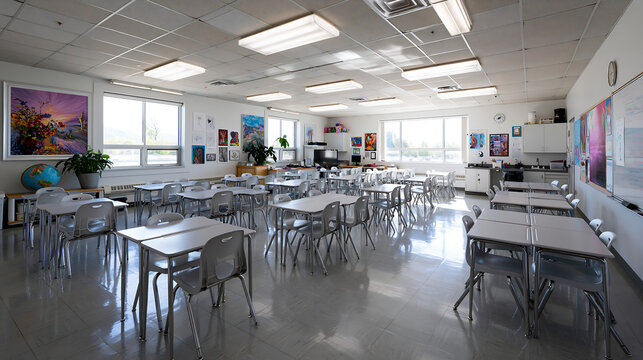 bright empty primary school classroom with colorful chairs and white tables representing modern education learning space kindergarten and academic interior design