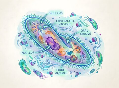 Paramecium, biology, cell structure, microscopic, educational diagram, labeled illustration