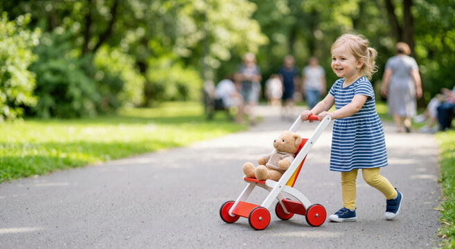 Smiling toddler pushing a wooden toy stroller with a teddy bear in the park. Young girl walking on a paved path outdoors on a sunny day