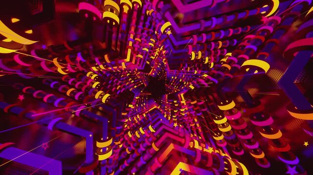 4k seamless VJ loop of a futuristic star-shaped tunnel. Abstract digital vortex with rhythmic motion and geometric elements, for electronic music festivals, high-tech club visuals, stage screens.