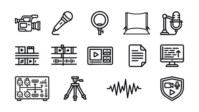 A collection of digital art icons representing video production and audio recording equipment for online content creation