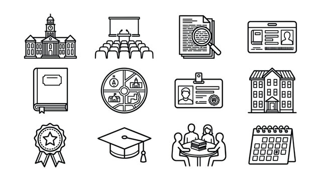 A collection of outline illustrations representing educational institutions learning materials and administrative elements for academic purposes