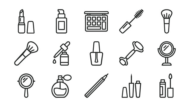 A collection of simple black line art illustrations representing various makeup and beauty products used for personal care