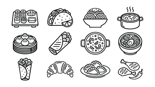 A collection of twelve diverse global cuisine food illustrations presented as simple line art icons isolated on a white background