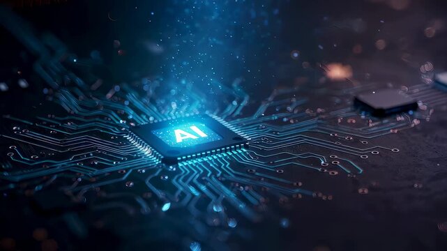 Glowing processor chip with artificial intelligence symbol on circuit board. Digital microprocessor unit processing data. Futuristic hardware electronic component concept.