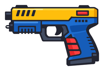 Naklejka premium Toy pistol burstsin bright blue, yellow, and red, serving as a gaming icon and cartoon weapon for playful childhood fun