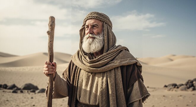 Prophet with staff in desert. Religious concept for Old Testament. Bible and christian holidays. Moses
