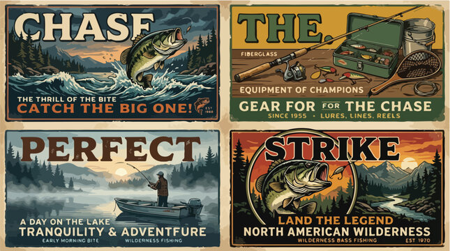 Vintage style fishing posters with motivational quotes on rustic wooden background
