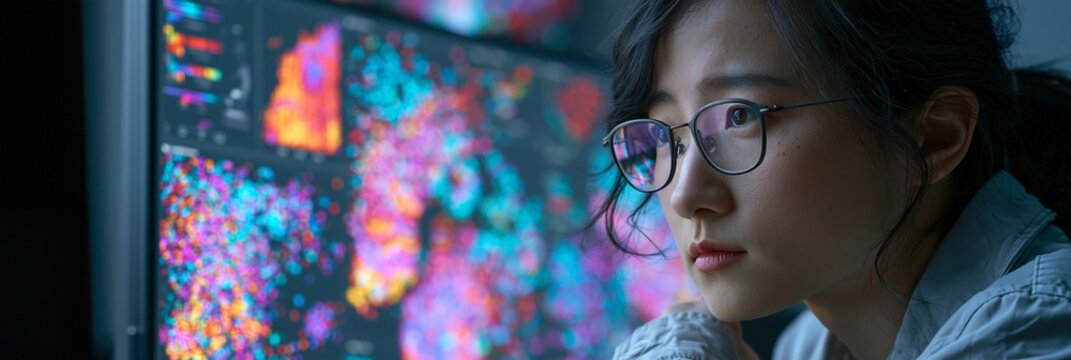 A researcher studies colorful single-cell sequencing clusters on a large monitor, heat maps and scatter plots floating around the screen, focused mood, cool studio lighting, three-quarter composition.
